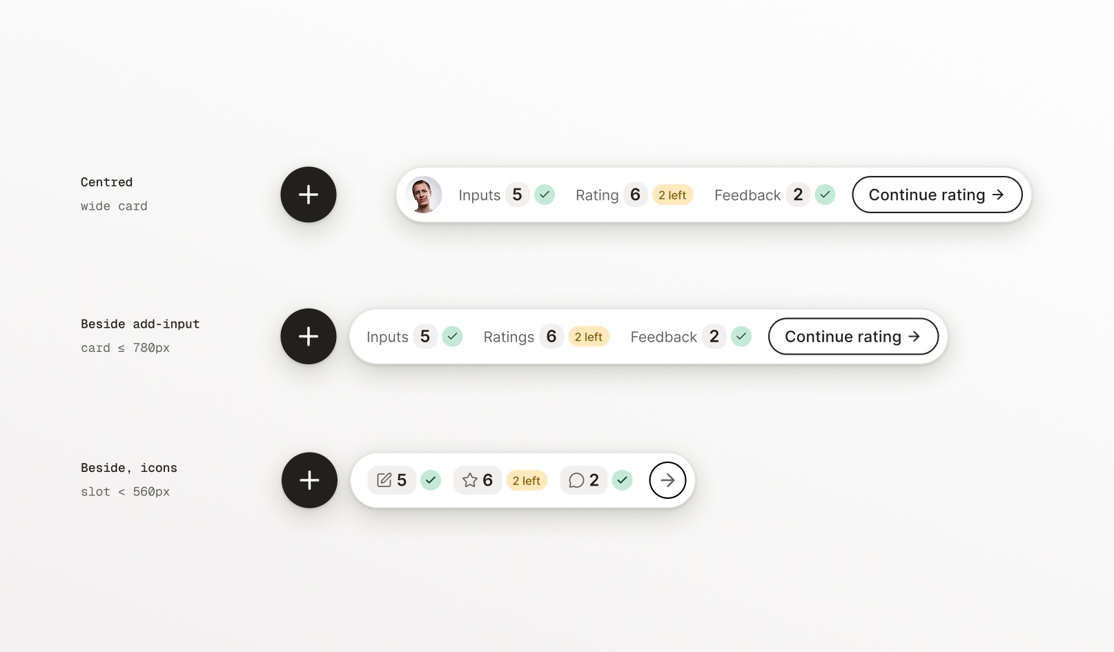 Activity counter UI at three breakpoints